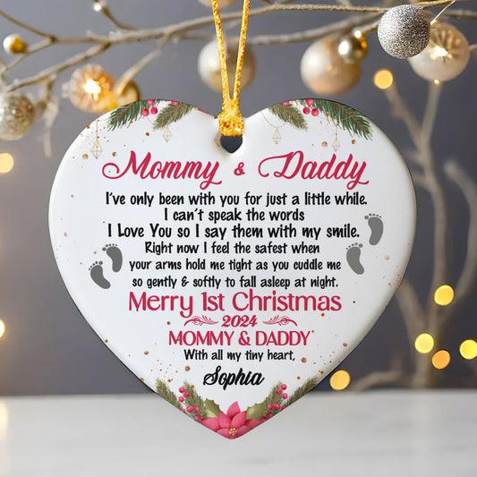 Merry 1st Christmas - Personalized Heart Shaped Ceramic Ornament DSHCOHLPA2241L