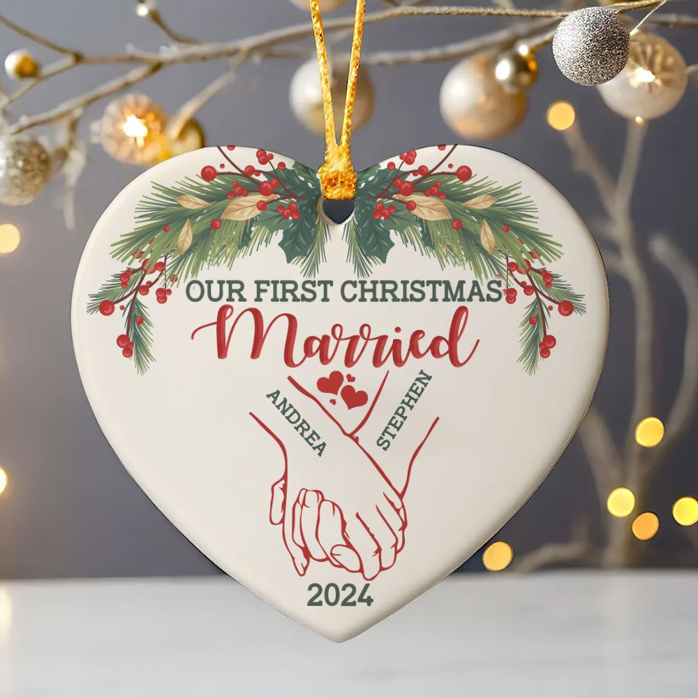 Holding Hands First Christmas Couple - Personalized Heart Shaped Ceramic Ornament DSHCOHLN2256TA