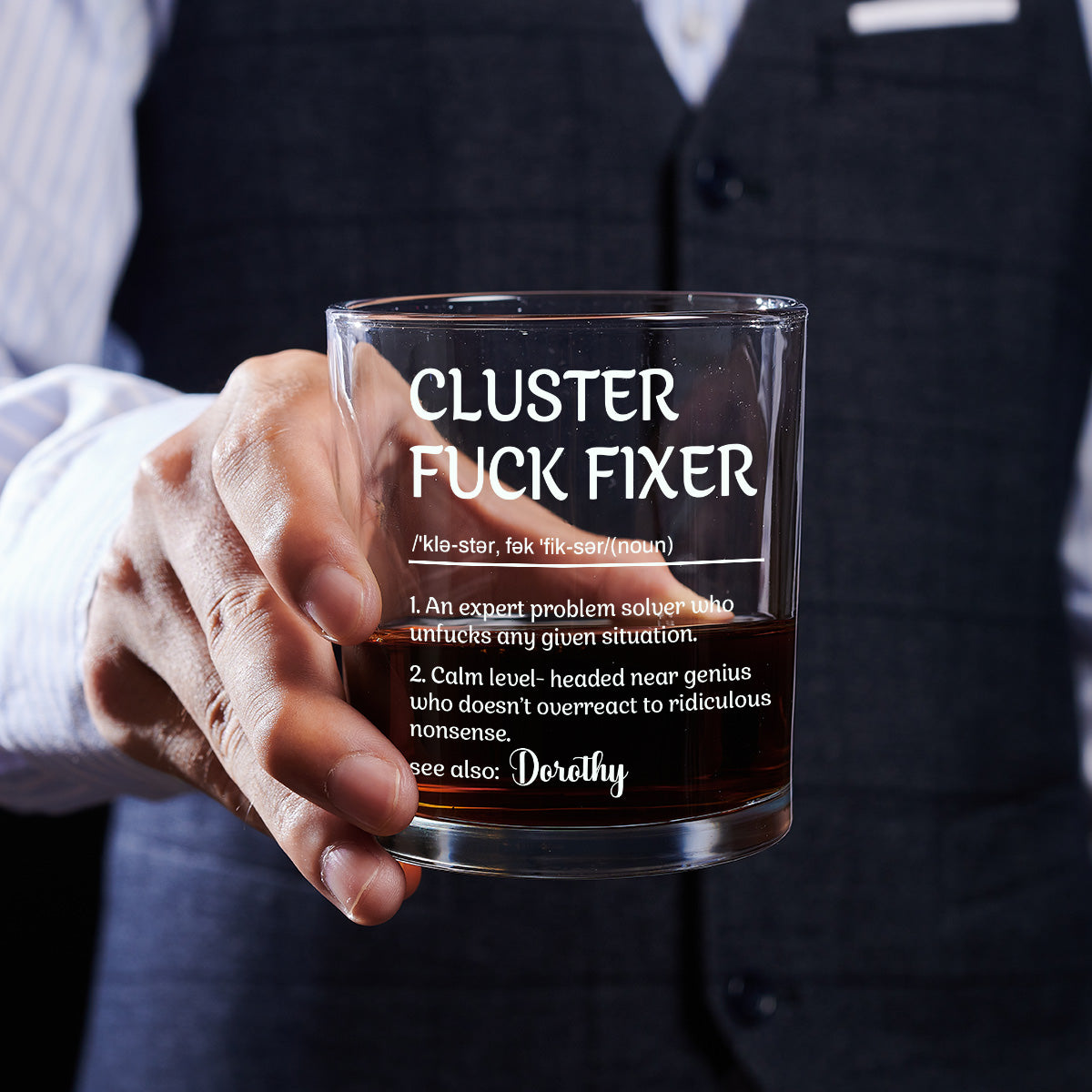 Cluster Fuck Fixer - Personalized Round Whiskey Glass - 1 Side Print