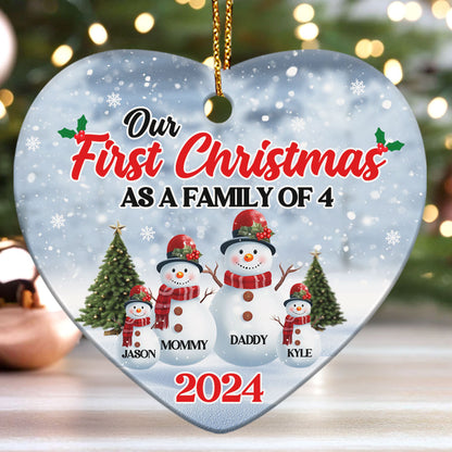 Our First Christmas As A Family Snowman - Personalized Heart Shaped Ceramic Ornament DSHCOHLPA2472D