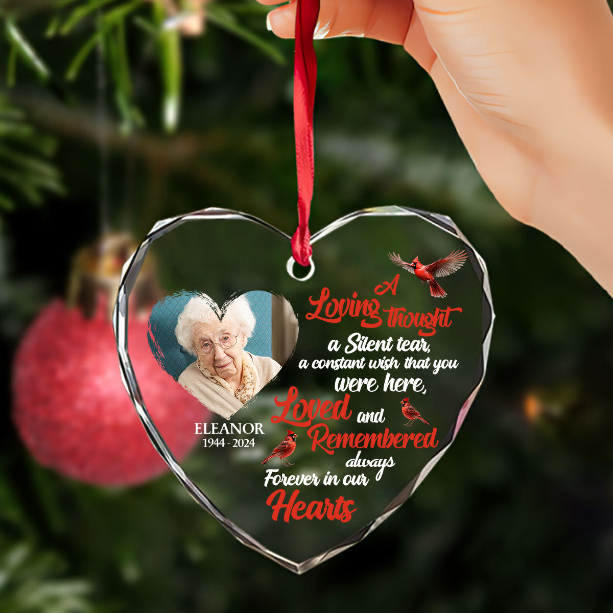 Forever In Our Hearts - Personalized Heart Shaped Glass Ornament DSHGOHLPA2120L