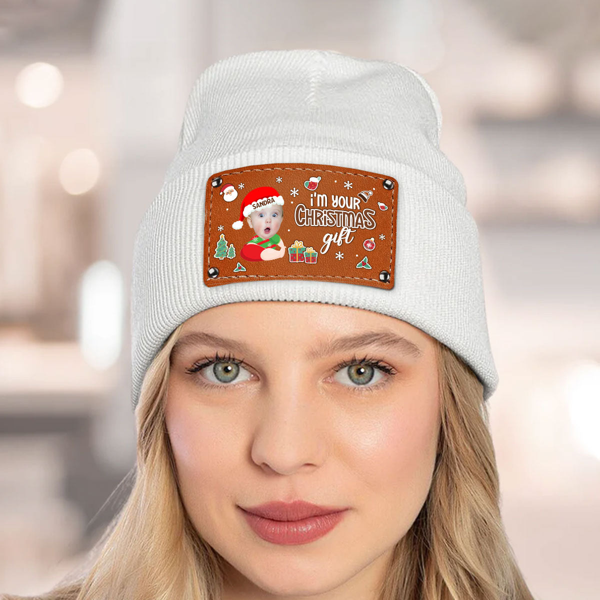 I'm Your Christmas Gift - Personalized Leather Knitted Beanie DSLKBHLPA2172M