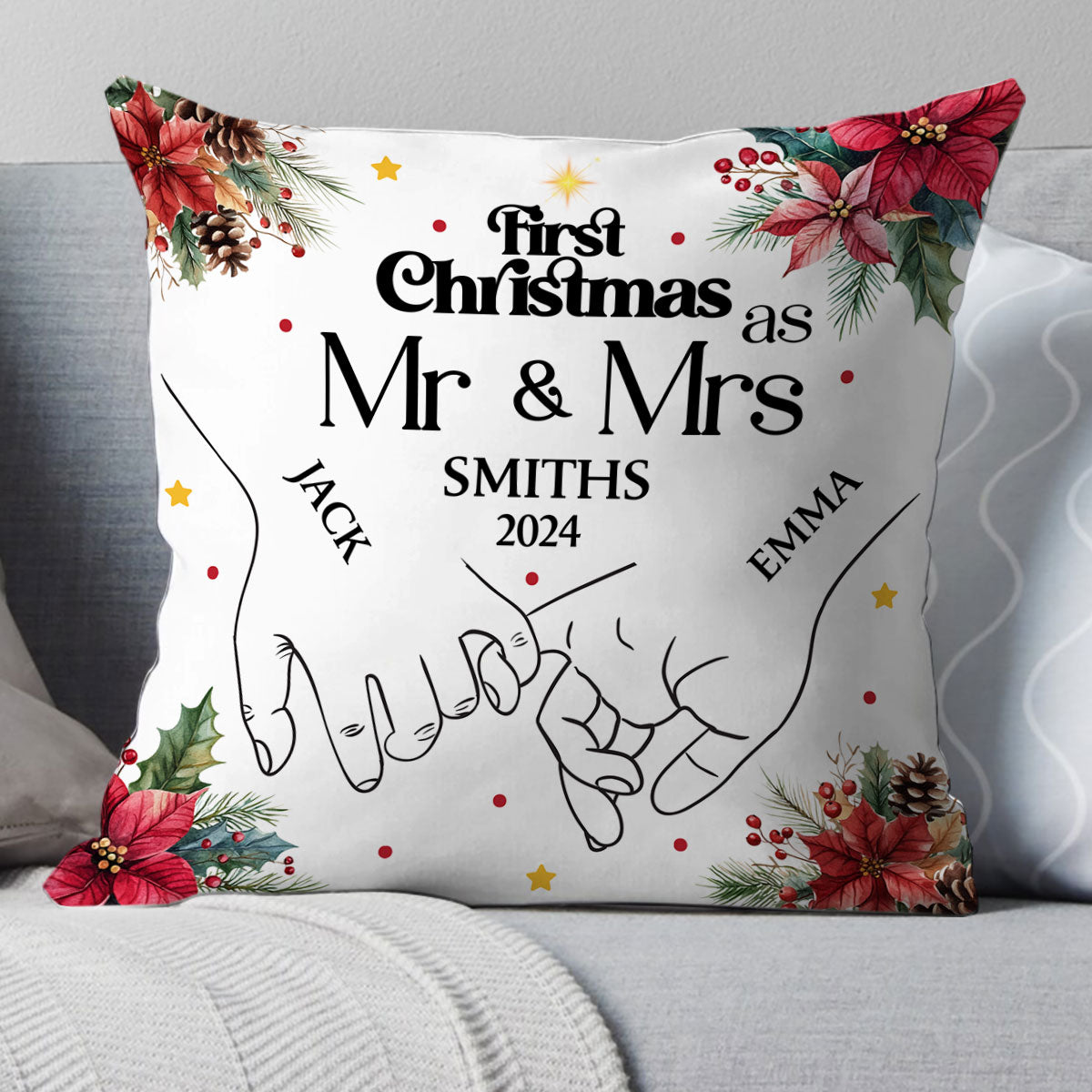 Holding Hands First Christmas Couple - Personalized Crystal Velvet Pillow DSPILWHLPA2081L