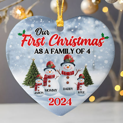 Our First Christmas As A Family Snowman - Personalized Heart Shaped Ceramic Ornament DSHCOHLPA2472D