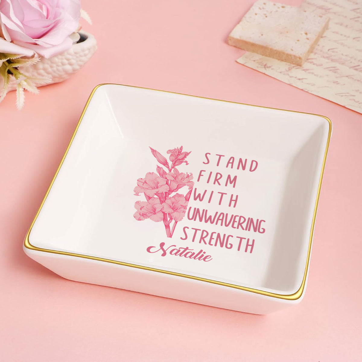 Birth Month Flower And Positive Quote - Personalized Jewelry Dish DSJDHLN1934L