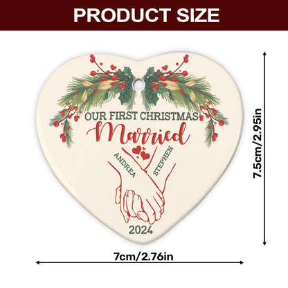 Holding Hands First Christmas Couple - Personalized Heart Shaped Ceramic Ornament DSHCOHLN2256TA