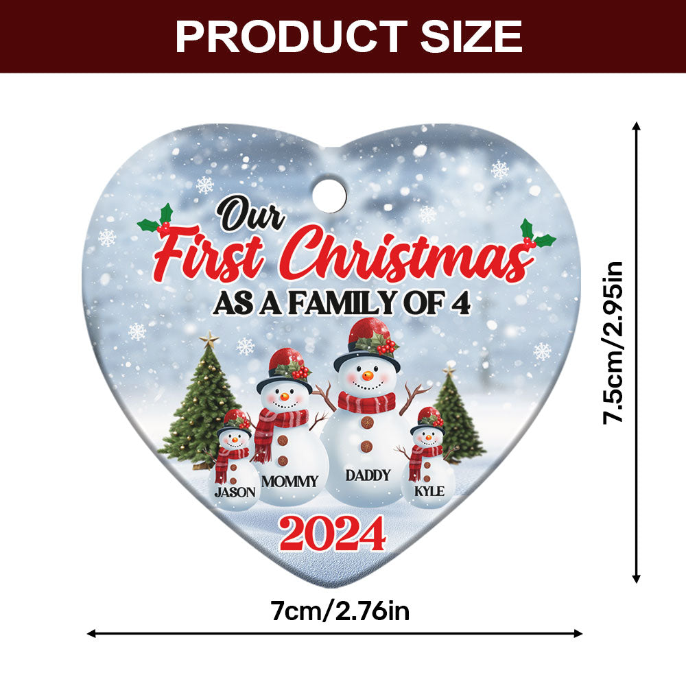 Our First Christmas As A Family Snowman - Personalized Heart Shaped Ceramic Ornament DSHCOHLPA2472D