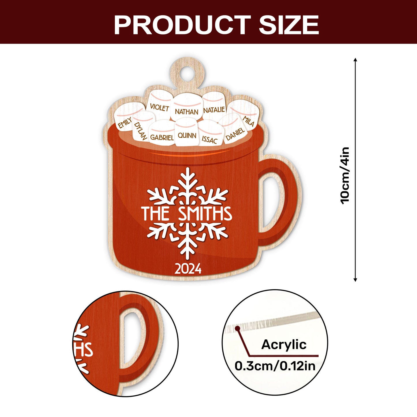 Christmas Hot Cocoa Family - Personalized 1-Side Acrylic Ornament DSACOHLN2009L